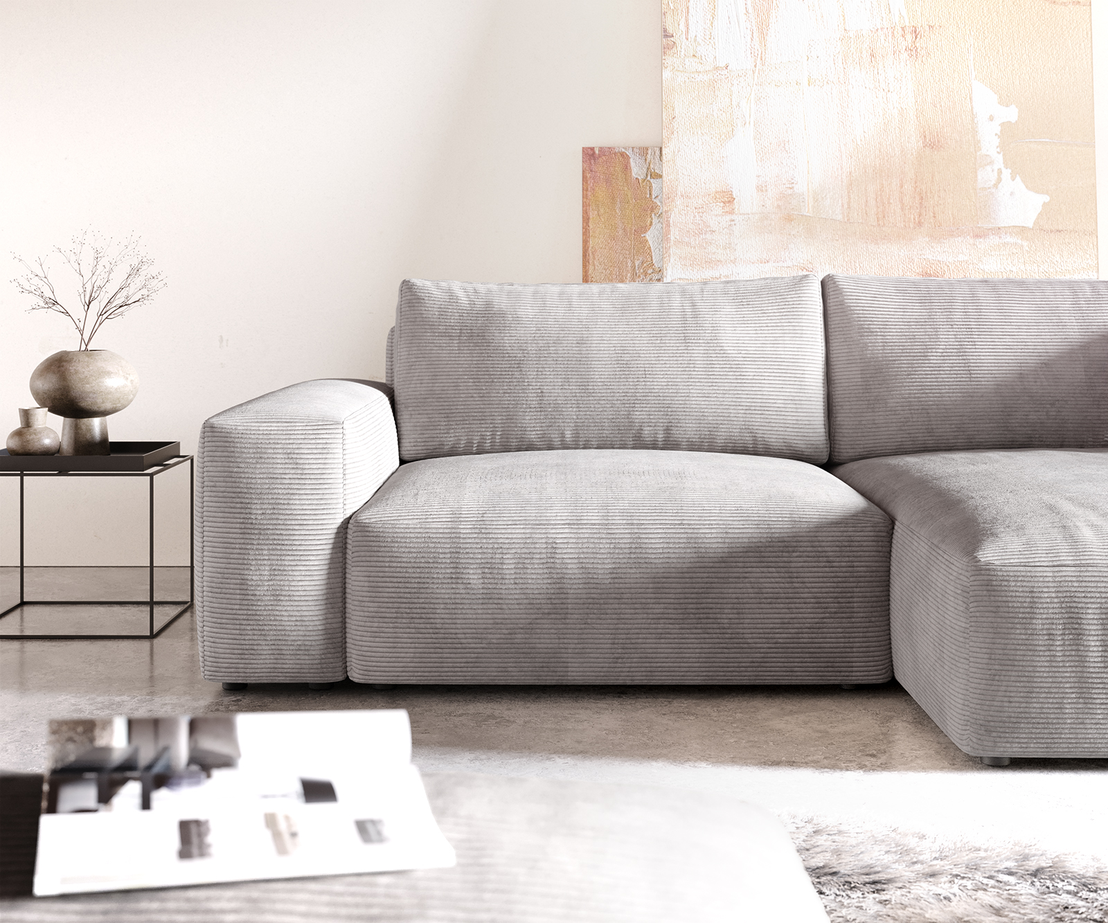 Sarokkanapé Lanzo XL 270x180 cm kordbársony ezüstszürke variálható rekamié puffal - Image 5