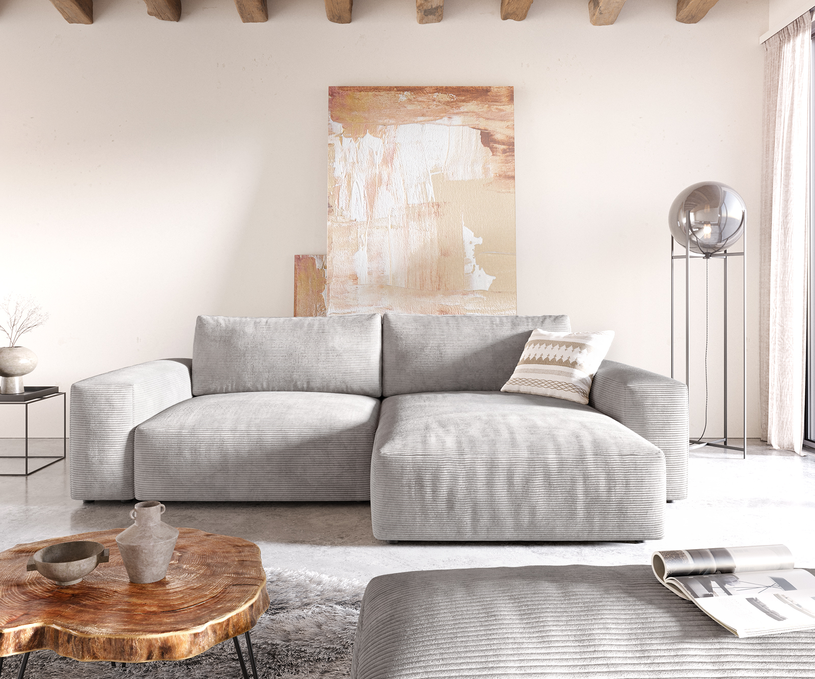 Sarokkanapé Lanzo XL 270x180 cm kordbársony ezüstszürke variálható rekamié puffal - Image 2