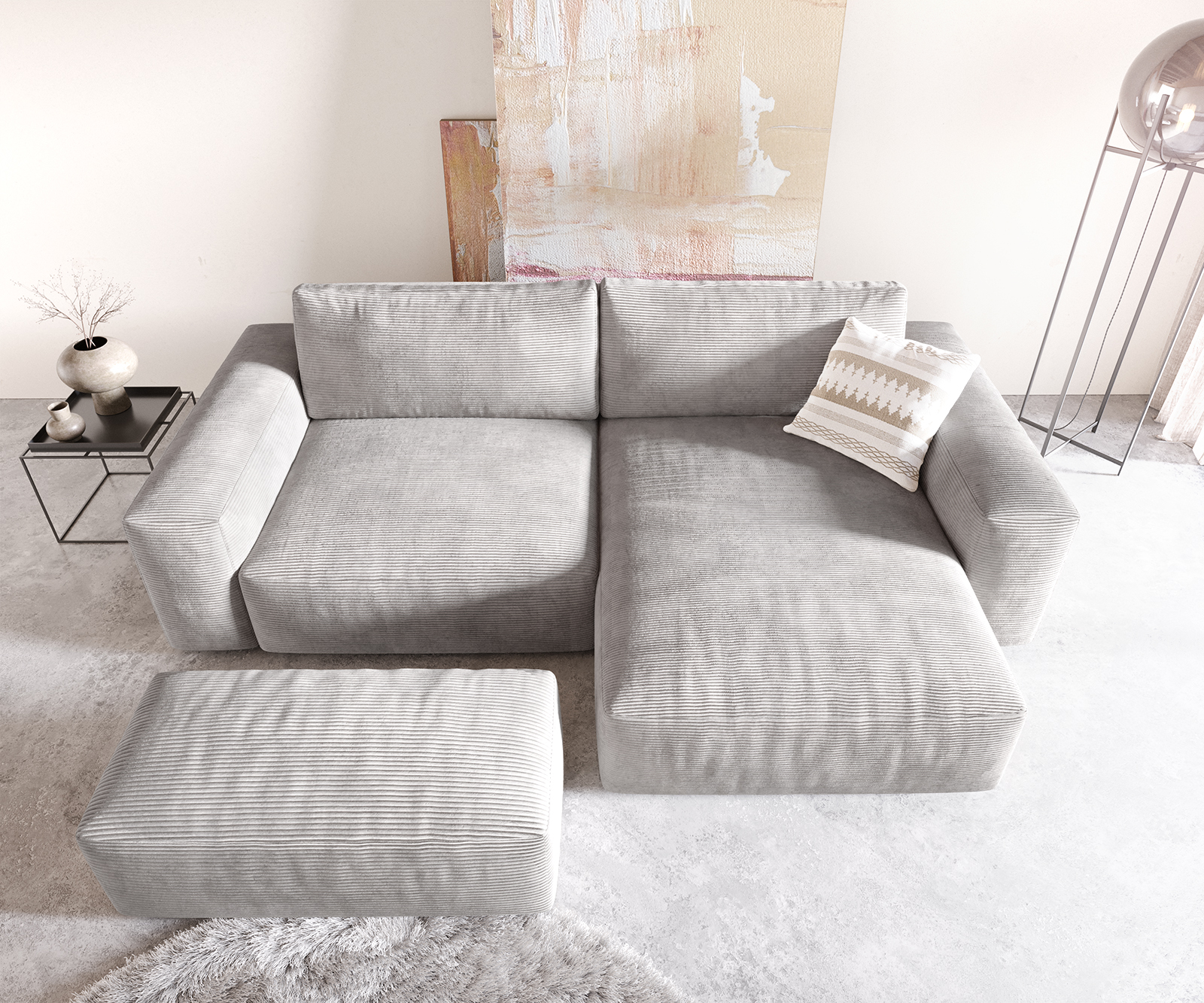 Sarokkanapé Lanzo XL 270x180 cm kordbársony ezüstszürke variálható rekamié puffal - Image 4