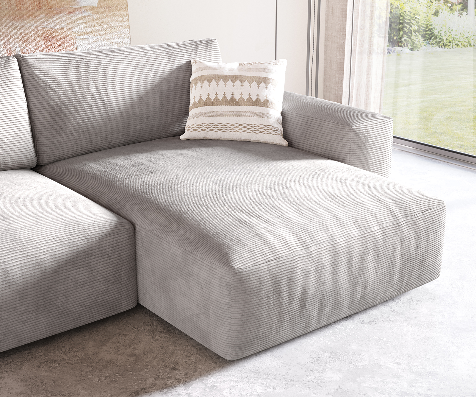 Sarokkanapé Lanzo XL 270x180 cm kordbársony ezüstszürke variálható rekamié puffal - Image 6