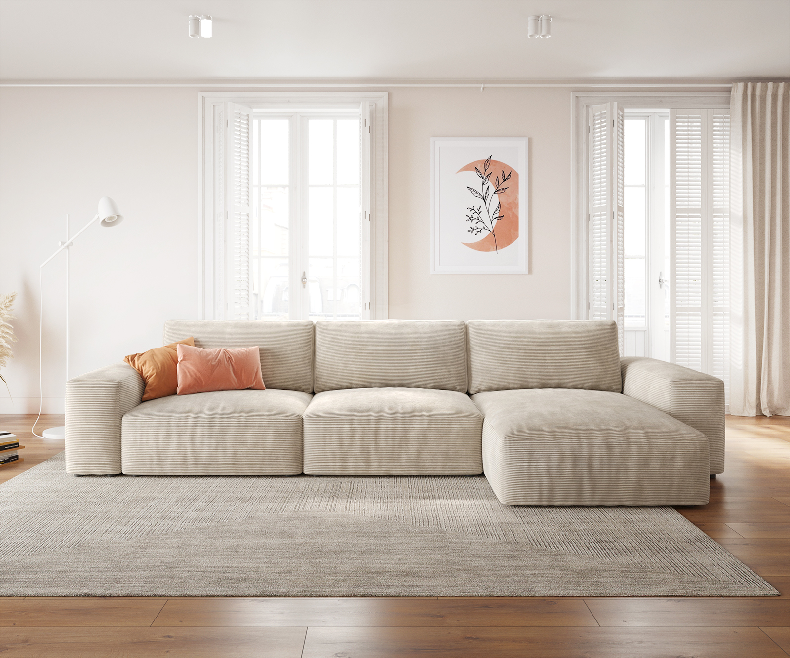 Rohová pohovka Lanzo XL 380x175 cm manšestr béžová variabilní lenoška - Image 2