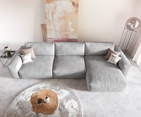 Sarokkanapé Lanzo XL 380x180 cm kordbársony ezüstszürke rekamié változtatható - Image 4