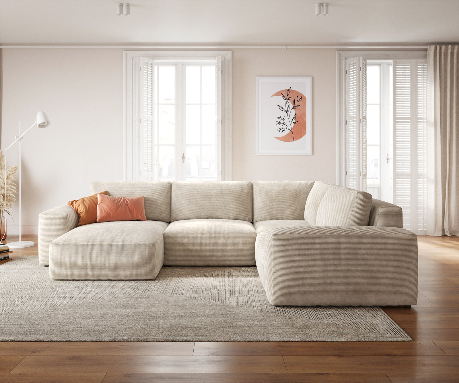 "U alakú kanapé Lanzo 300x210 cm kordbársony bézs rekamié változtatható" - Image 2