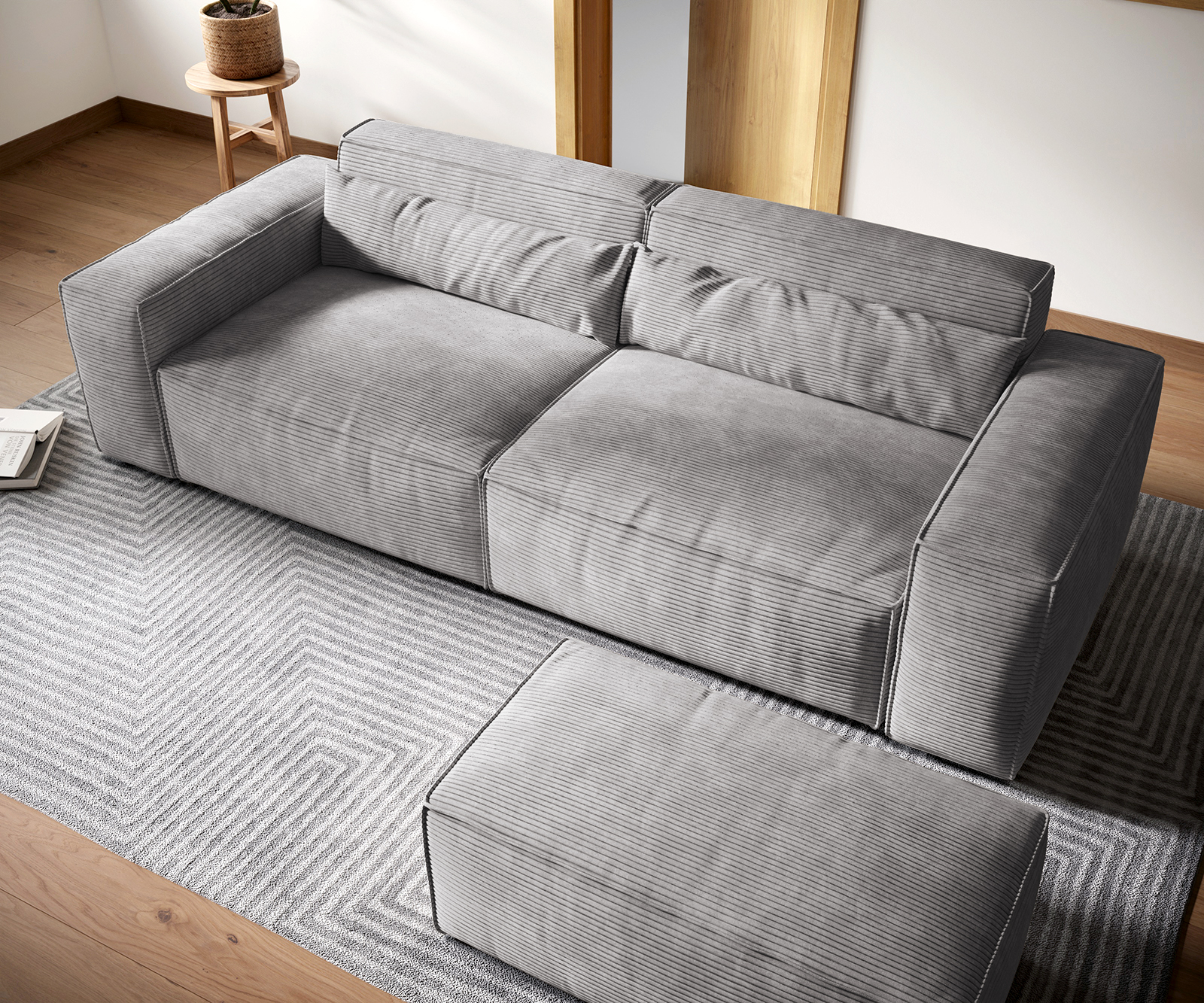 Velká pohovka Sirpio XL 270x125 cm manšestr stříbrnošedá s podnožkou - Image 4
