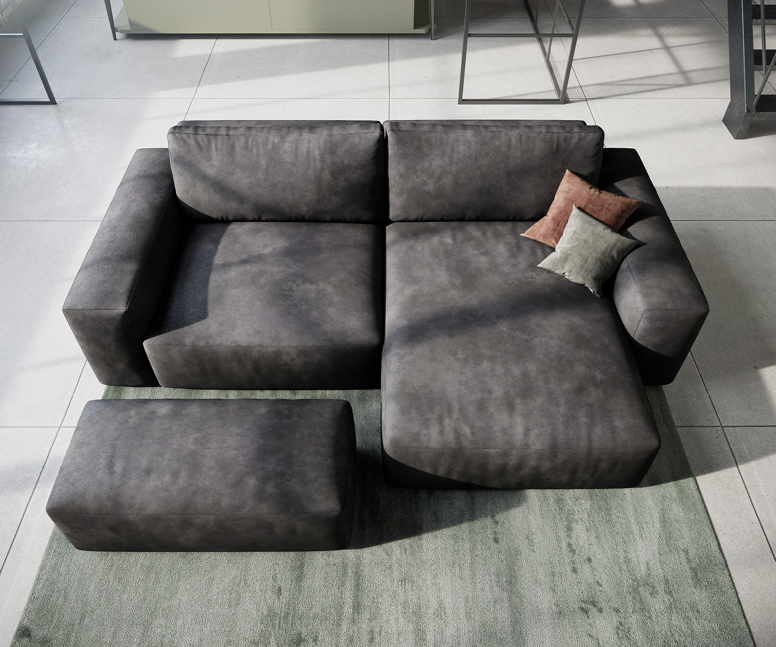 Sarokkanapé Lanzo 230x155 cm bőr imitáció vintage antracit variálható rekamié puffal - Image 4