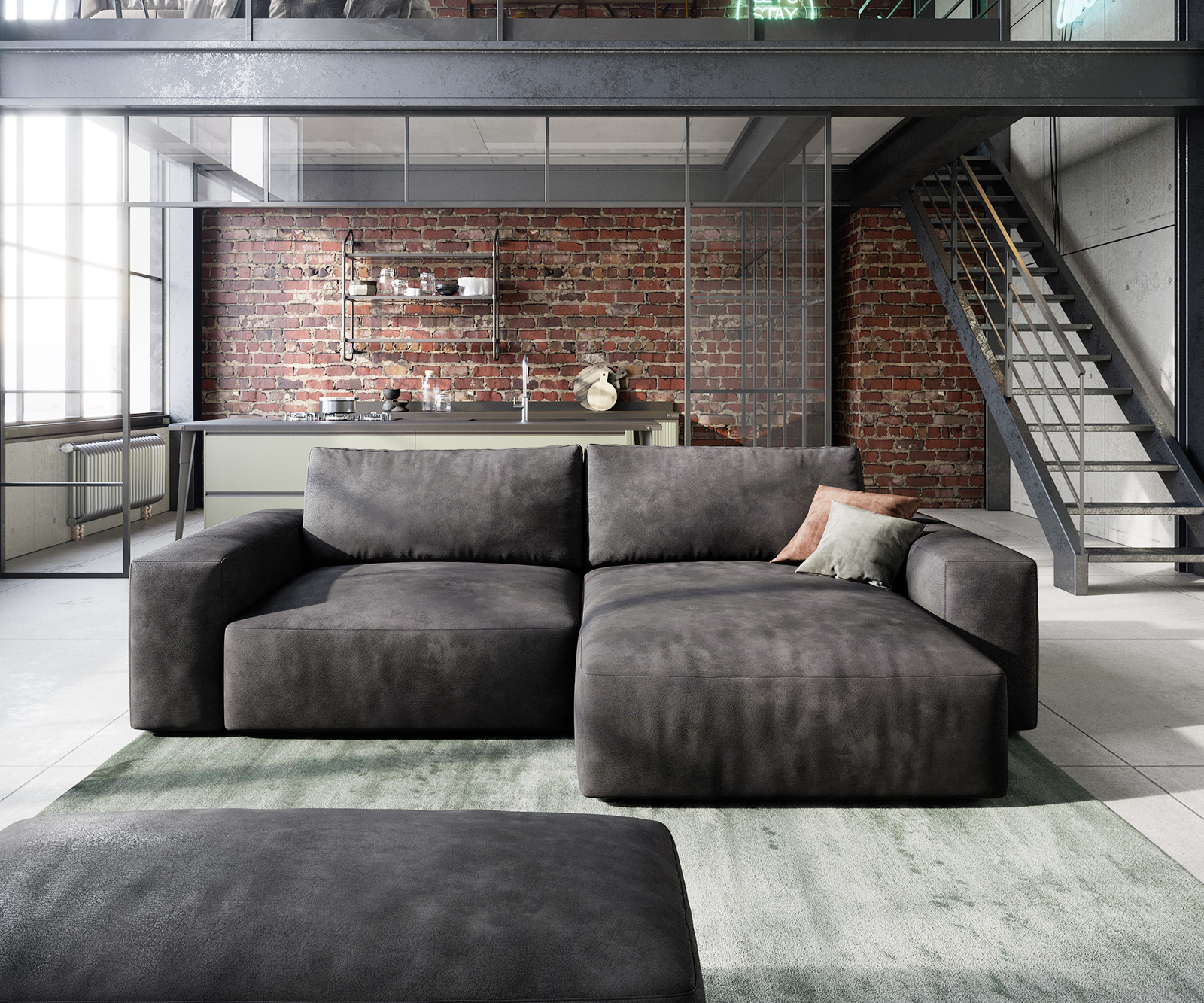 Sarokkanapé Lanzo 230x155 cm bőr imitáció vintage antracit variálható rekamié puffal - Image 2