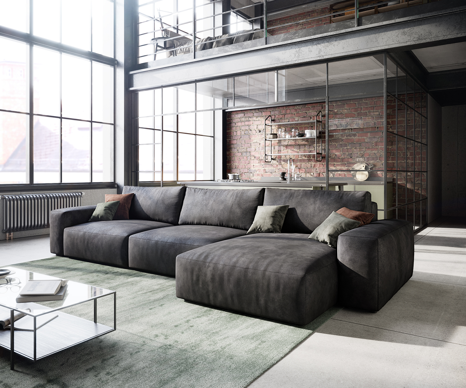 Sarokkanapé Lanzo L 360x160 cm bőr imitáció vintage antracit variálható rekamié