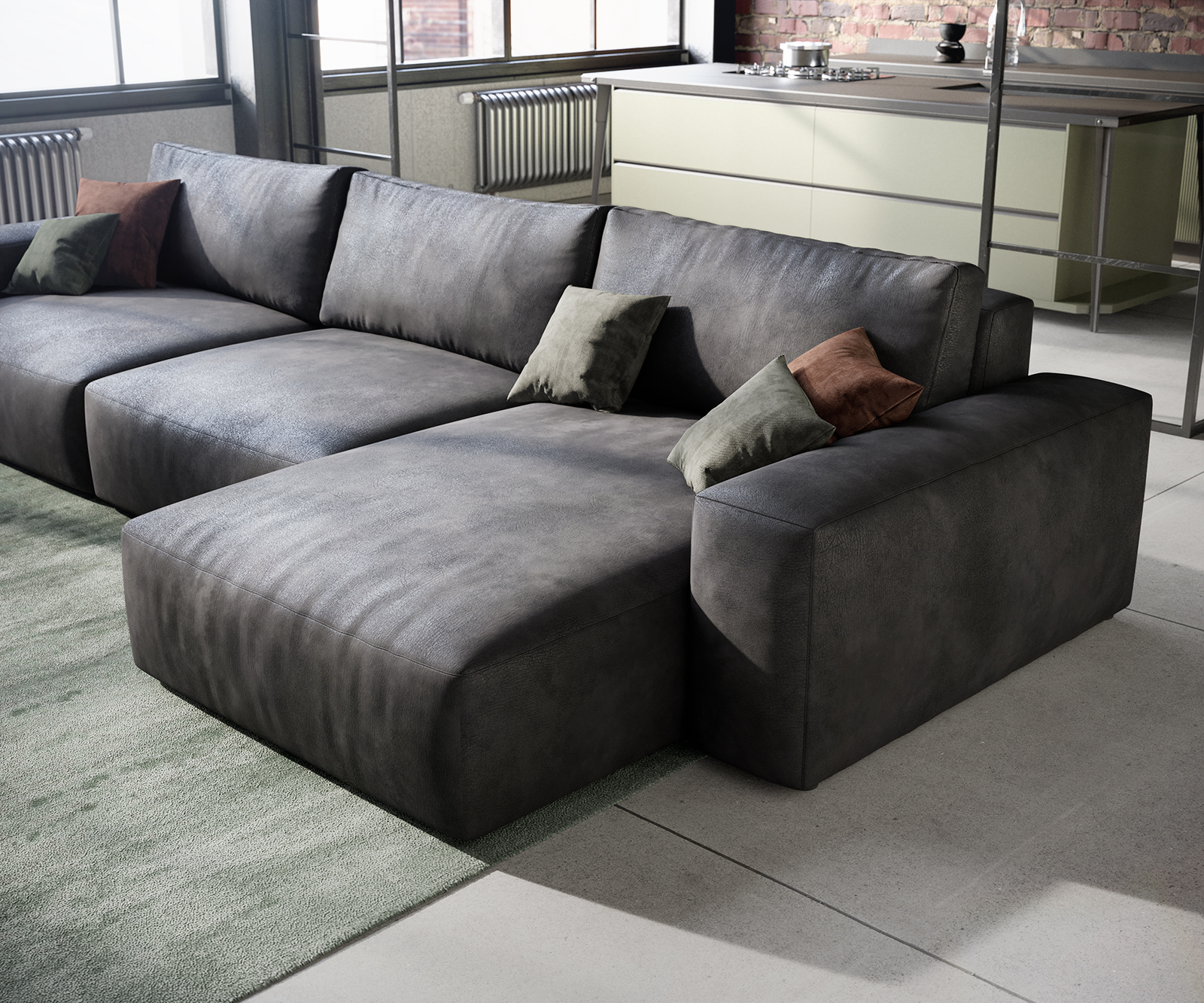 Sarokkanapé Lanzo L 360x160 cm bőr imitáció vintage antracit variálható rekamié - Image 5