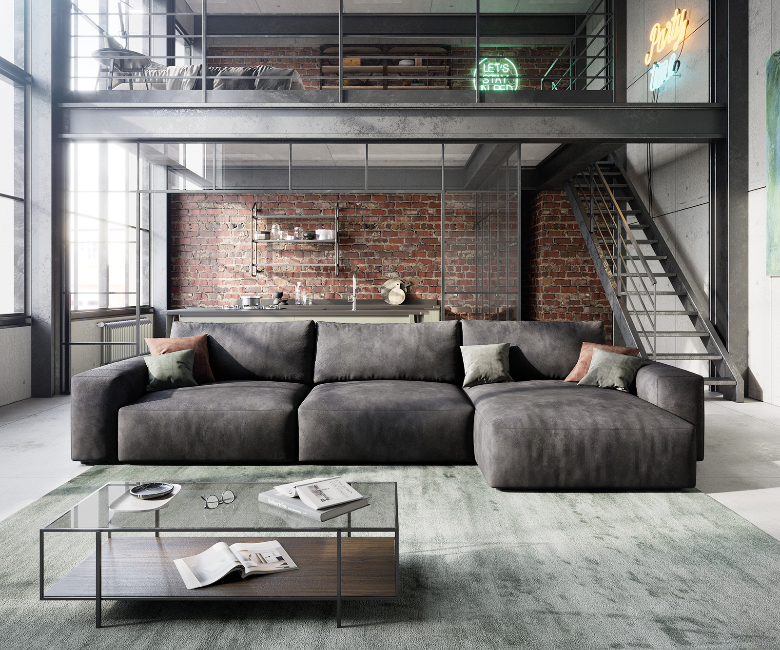 Sarokkanapé Lanzo L 360x160 cm bőr imitáció vintage antracit variálható rekamié - Image 2