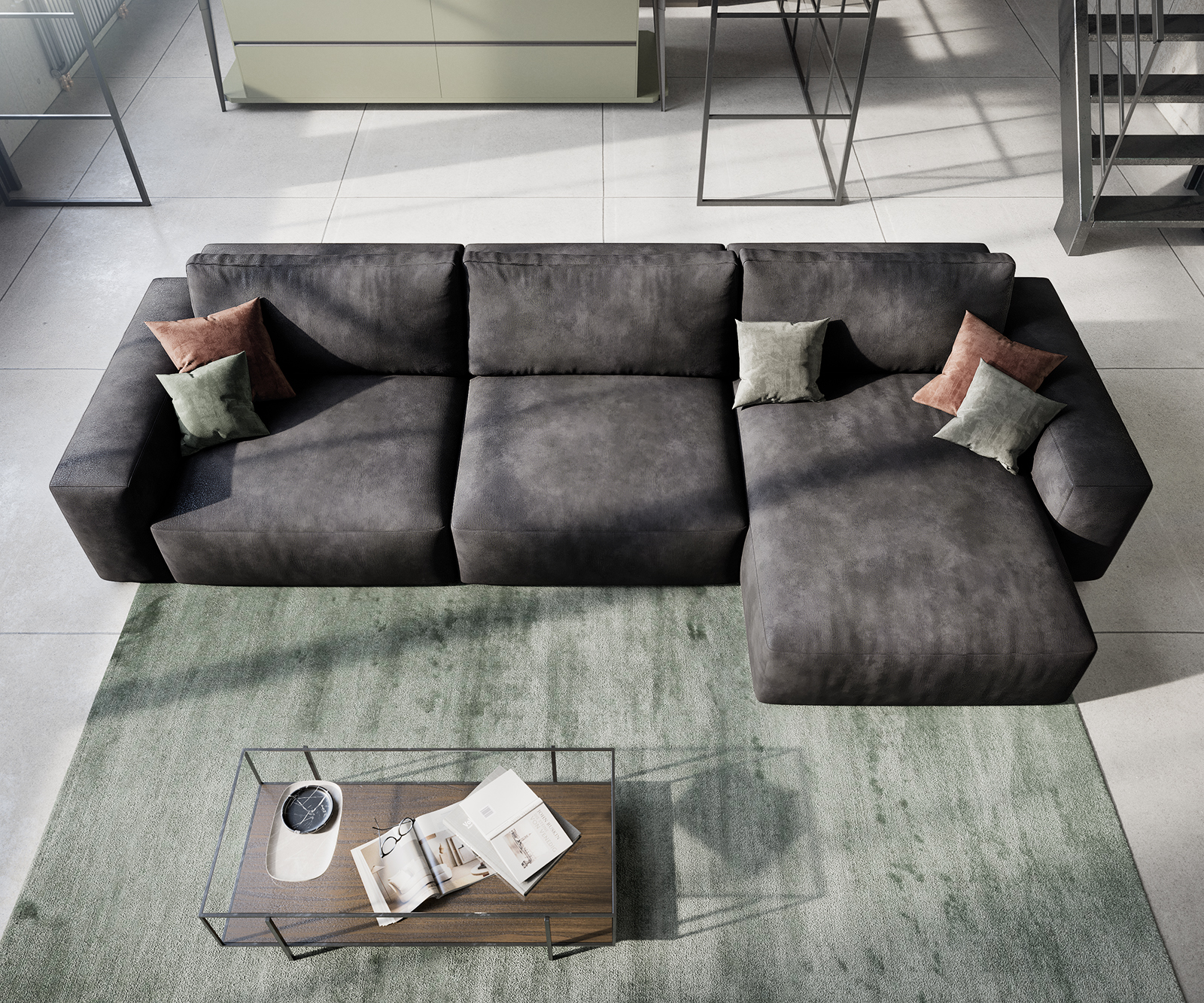 Sarokkanapé Lanzo L 360x160 cm bőr imitáció vintage antracit variálható rekamié - Image 4