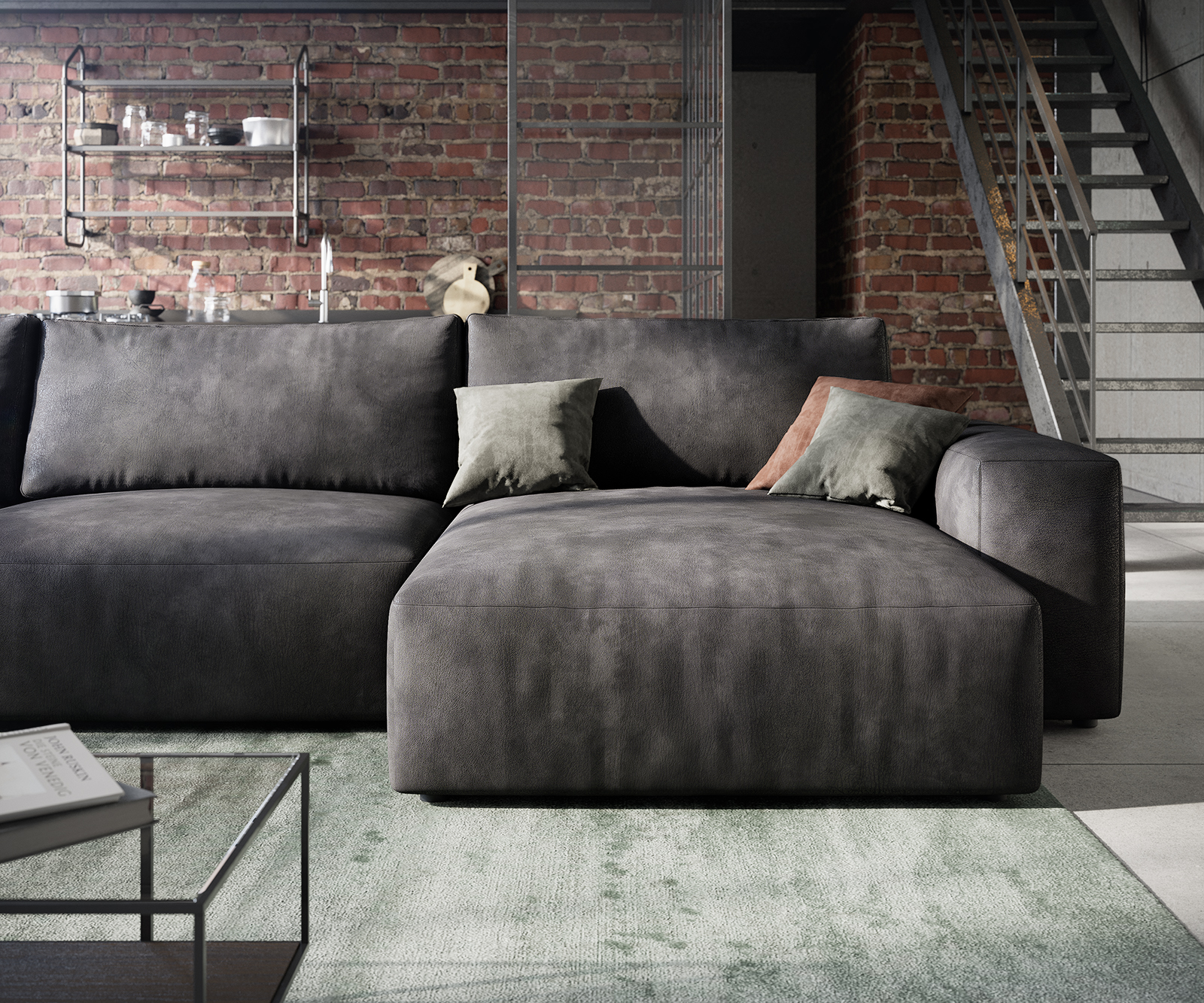 Sarokkanapé Lanzo L 360x160 cm bőr imitáció vintage antracit variálható rekamié - Image 6