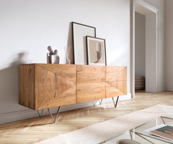 Design-komód Wyatt 175 cm 3D hatás középen akác természetes rozsdamentes acél