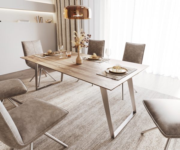 Jídelní stůl Edge 200x100 sheesham přírodní nerezová ocel šikmá podnož švýcarská hrana