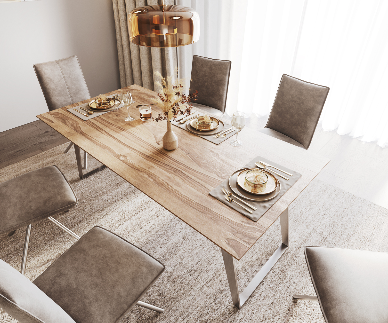 Jídelní stůl Edge 200x100 sheesham přírodní nerezová ocel šikmá podnož švýcarská hrana - Image 4