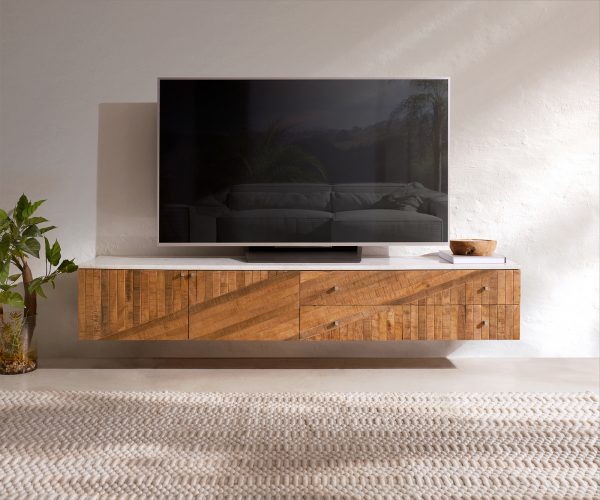 TV szekrény Bahan 175 cm mango teak 2 ajtós 2 fiókos fehér márvány asztallappal lebegő - Image 2