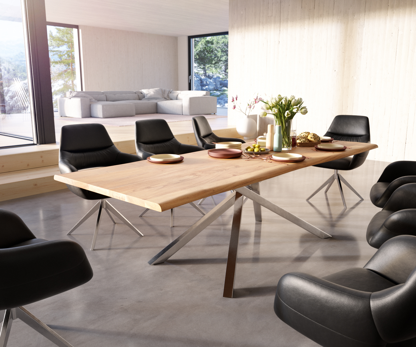 Étkezőasztal Edge 260x100 akác természetes kereszt láb téglalap rozsdamentes acél Live-Edge