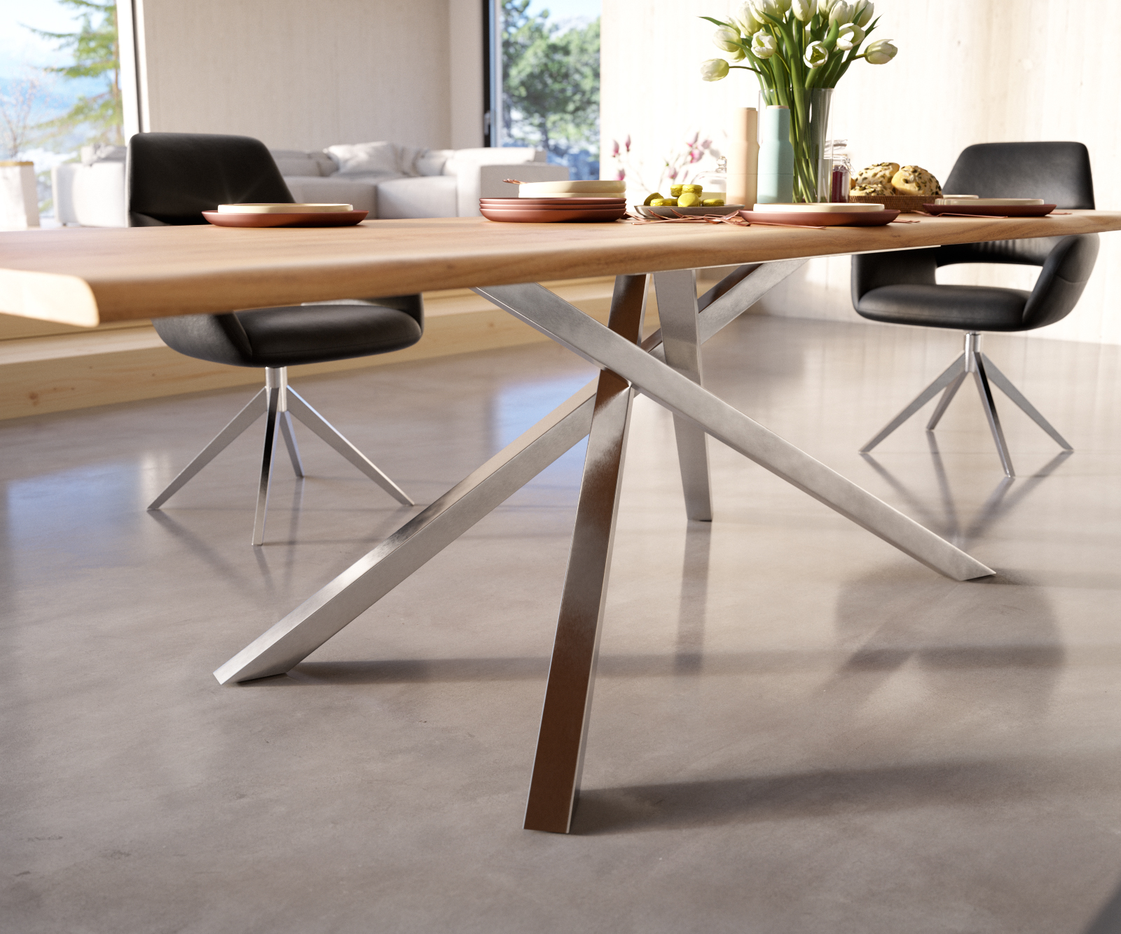 Étkezőasztal Edge 260x100 akác természetes kereszt láb téglalap rozsdamentes acél Live-Edge - Image 5