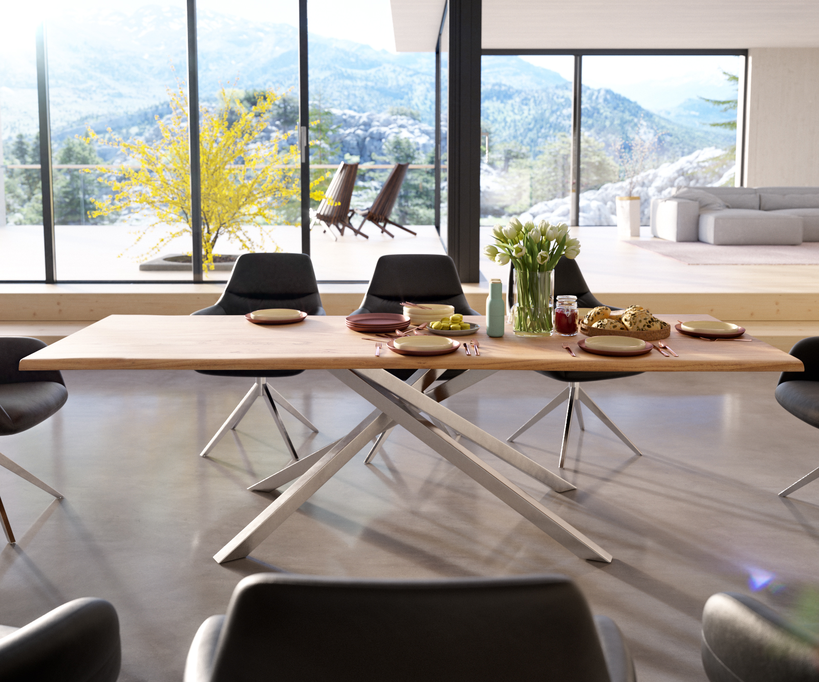 Étkezőasztal Edge 260x100 akác természetes kereszt láb téglalap rozsdamentes acél Live-Edge - Image 2