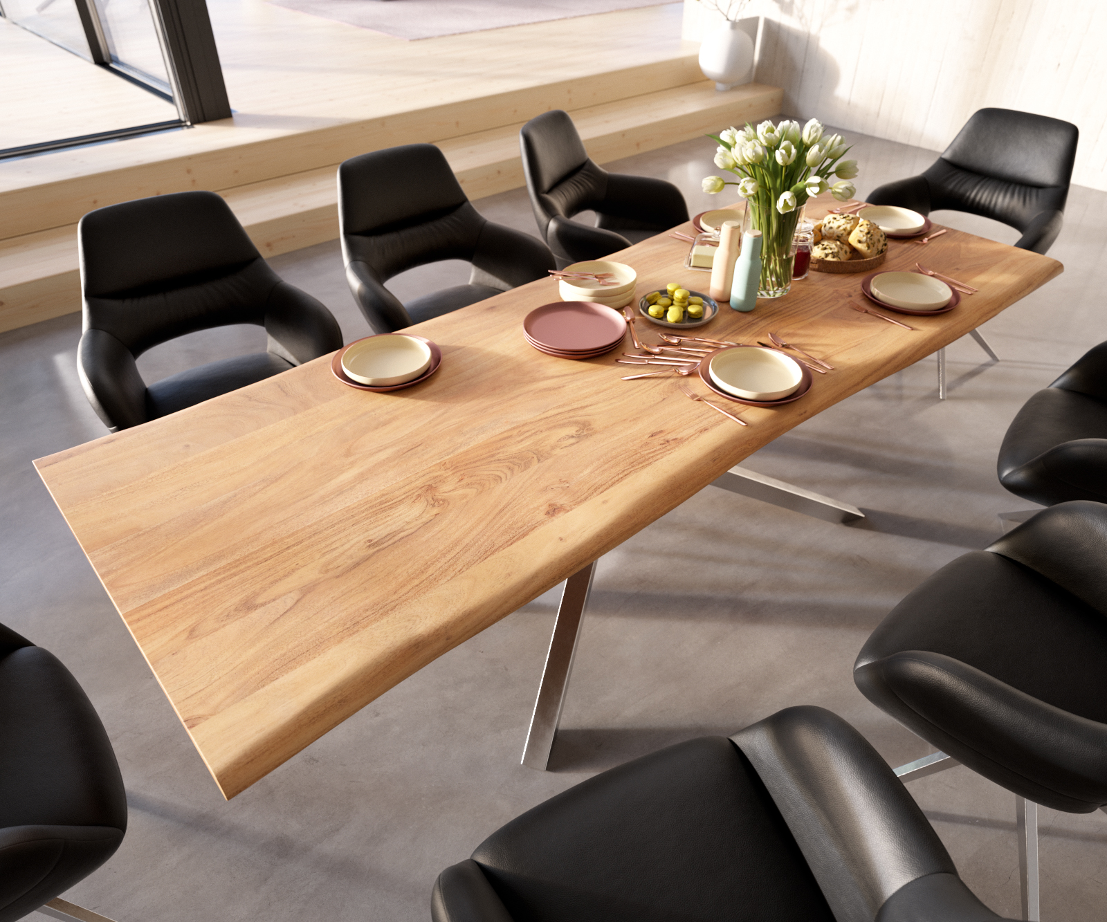 Étkezőasztal Edge 260x100 akác természetes kereszt láb téglalap rozsdamentes acél Live-Edge - Image 4