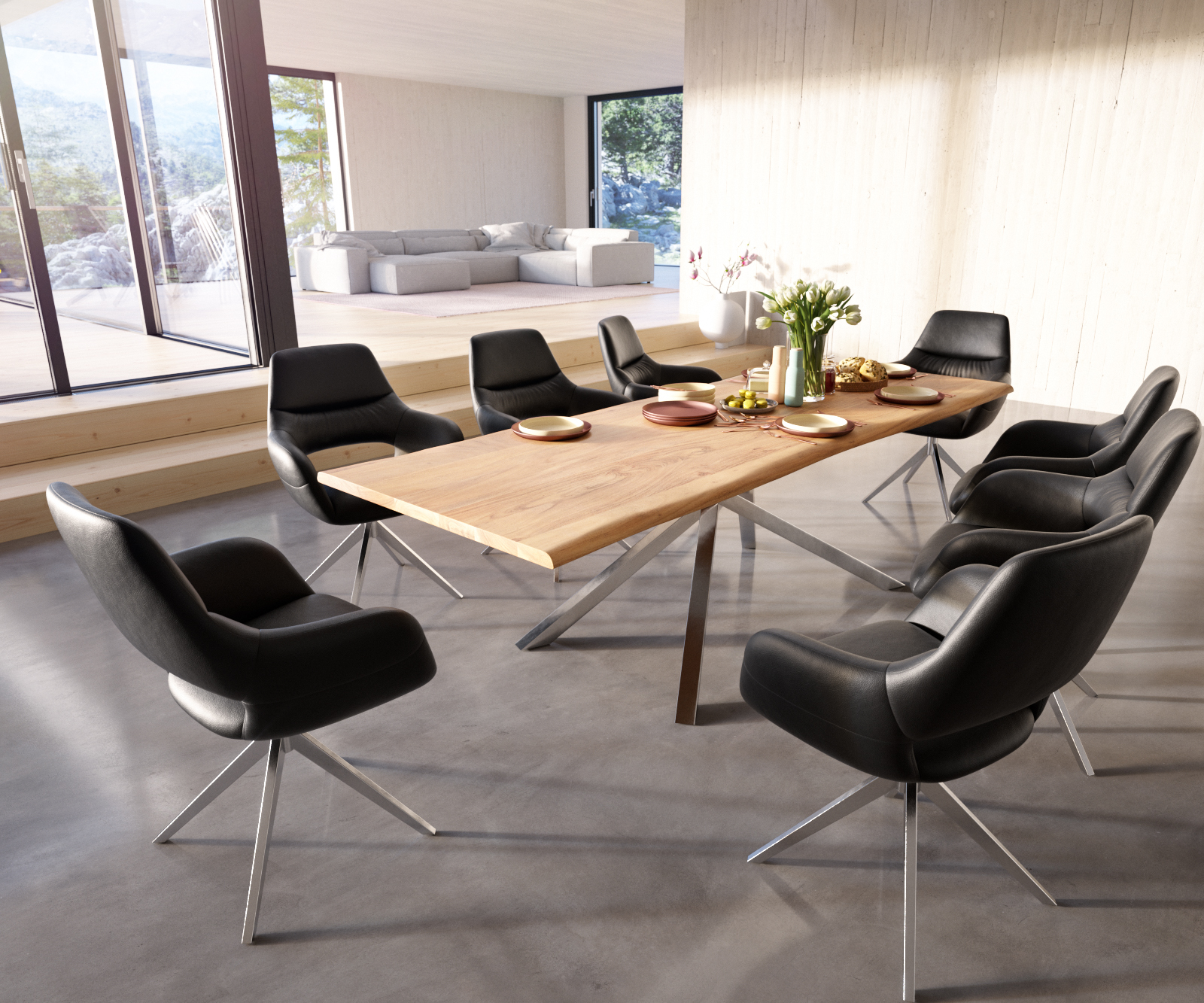 Étkezőasztal Edge 260x100 akác természetes kereszt láb téglalap rozsdamentes acél Live-Edge - Image 6