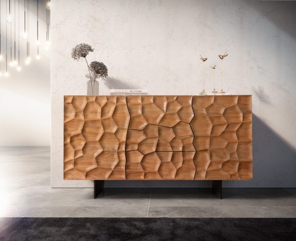 Komód Solu 145 cm akác természetes 2 ajtós 3 fiókos lebegő fém láb fekete 3D előlap - Image 2