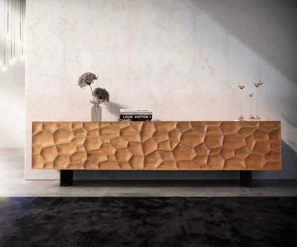 TV szekrény Solu 220 cm akác természetes 2 ajtós 4 fiókos lebegő fém láb fekete 3D előlap - Image 2