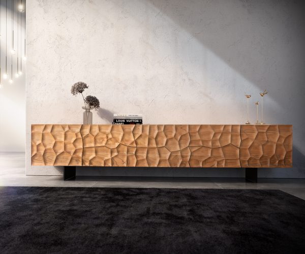 TV szekrény Solu 260 cm akác természetes 2 ajtós 6 fiókos lebegő fém láb fekete 3D előlap - Image 2
