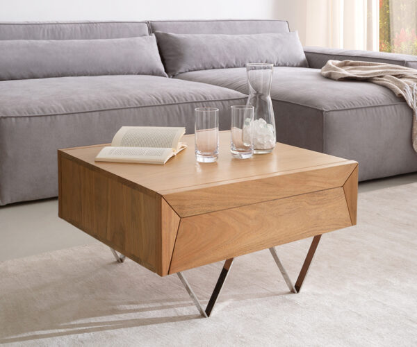 Dohányzóasztal Kayu 60x60 cm akác természetes 2 fiókos V-láb rozsdamentes acélból