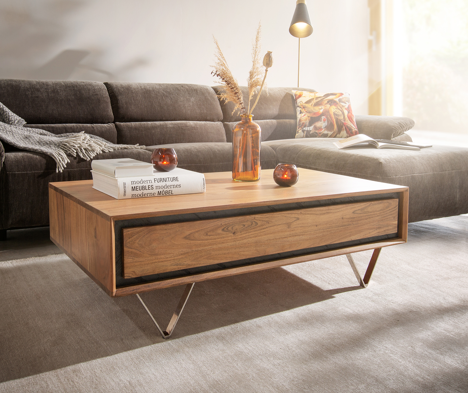 Dohányzóasztal Stonegrace 115x60 cm akác természetes 2 fiókos kőfurnér