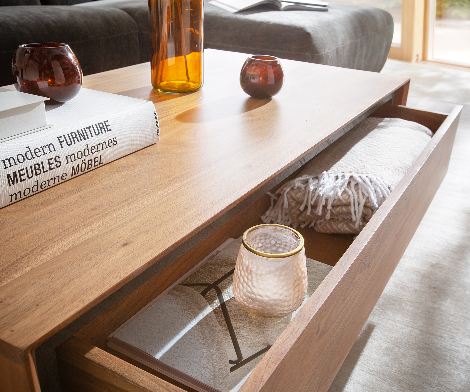 Dohányzóasztal Stonegrace 115x60 cm akác természetes 2 fiókos kőfurnér - Image 4