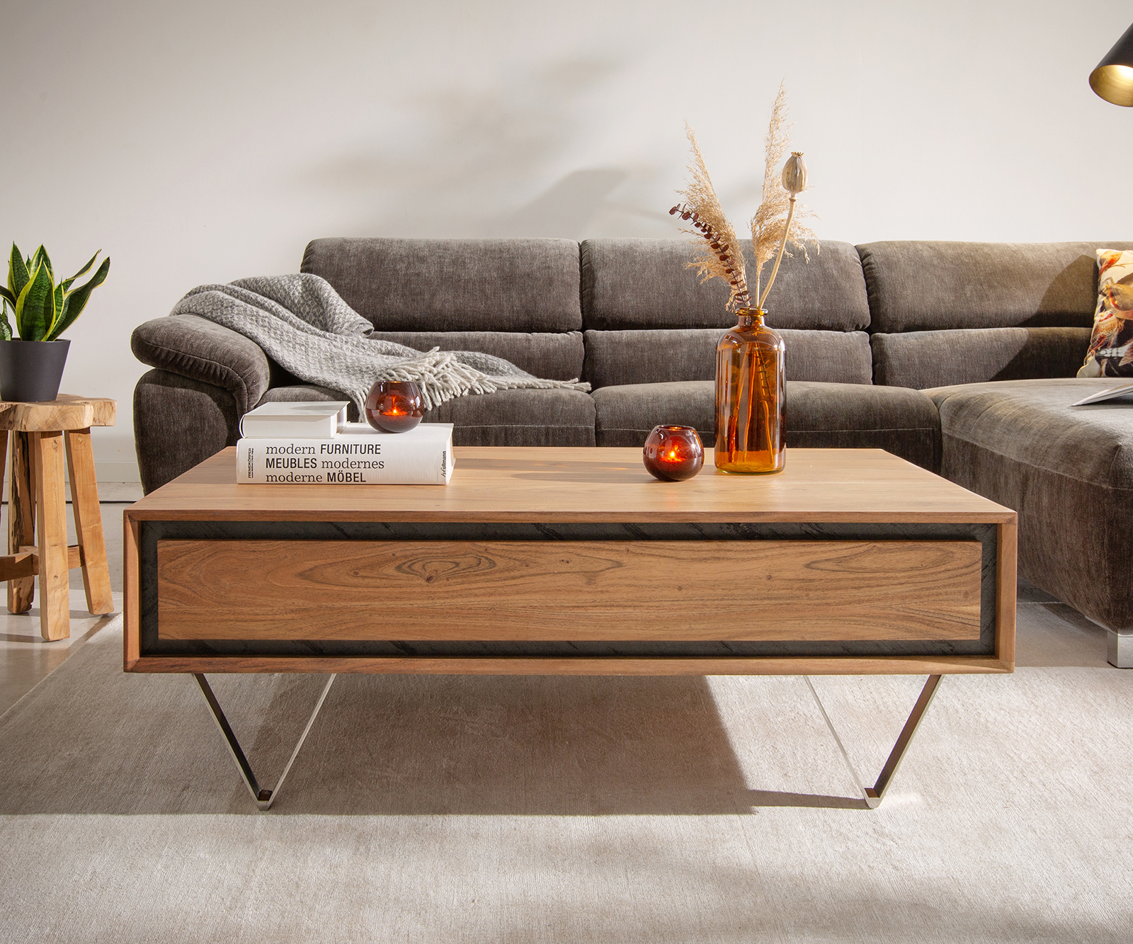 Dohányzóasztal Stonegrace 115x60 cm akác természetes 2 fiókos kőfurnér - Image 2