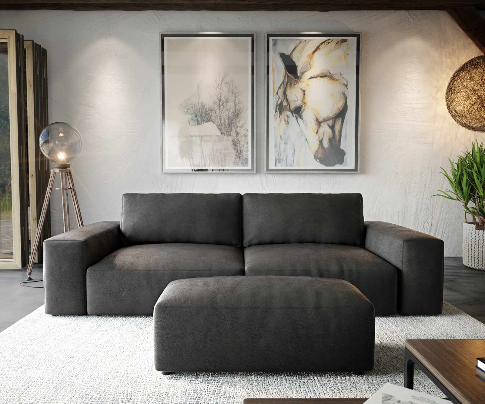 Nagy kanapé Lanzo XL 270x130 cm bőr imitáció vintage antracit puffal - Image 2