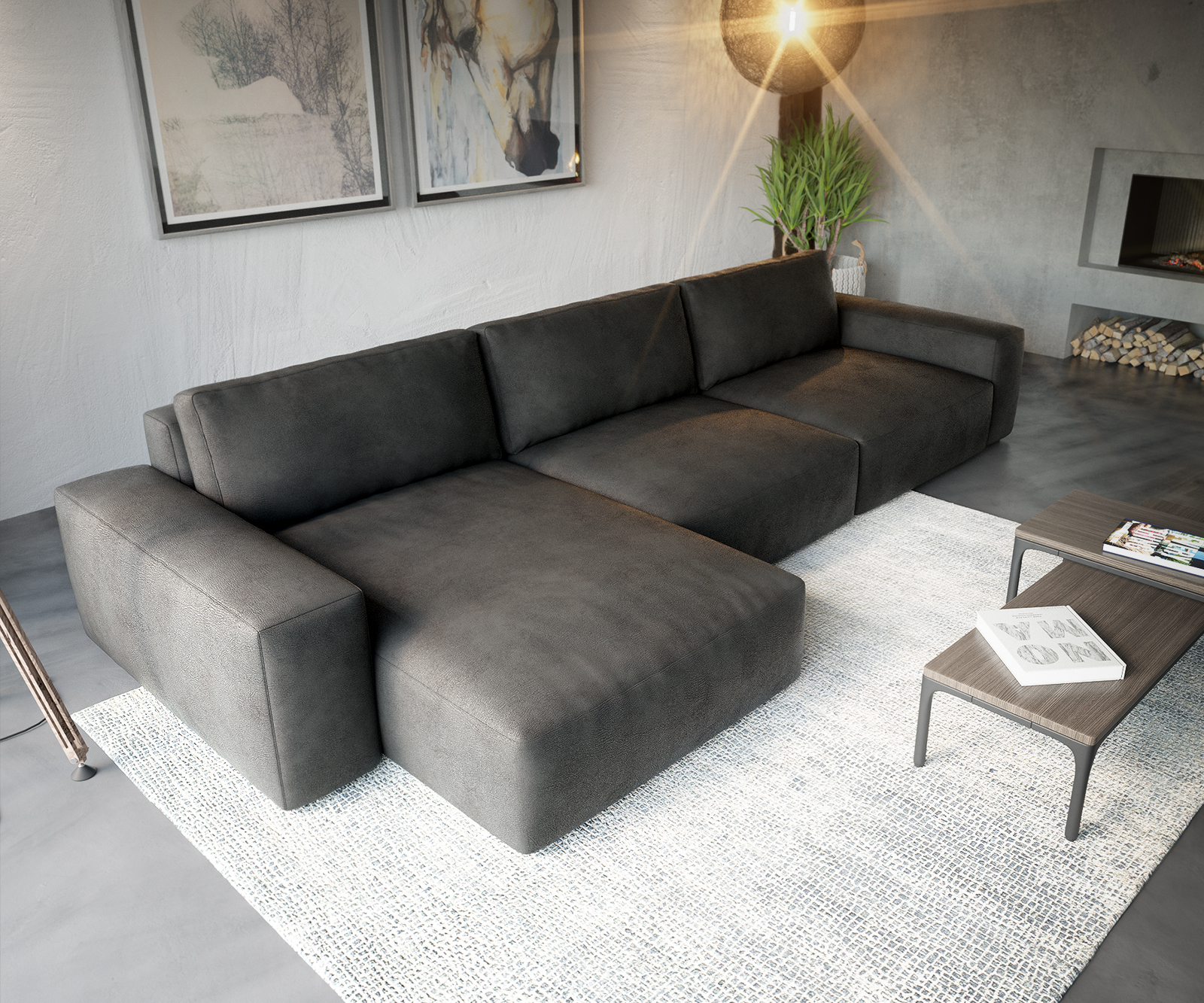 Sarokkanapé Lanzo XL 380x180 cm bőr imitáció vintage antracit variálható rekamié - Image 4