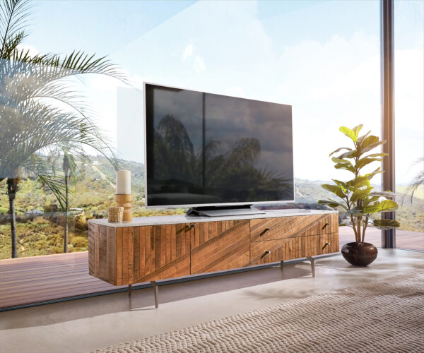 TV szekrény Bahan 175 cm mango teak 2 ajtós 2 fiókos fehér márványlapos antracit rozsdamentes acél lábbal