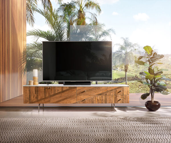 TV szekrény Bahan 175 cm mango teak 2 ajtós 2 fiókos fehér márványlapos antracit rozsdamentes acél lábbal - Image 2
