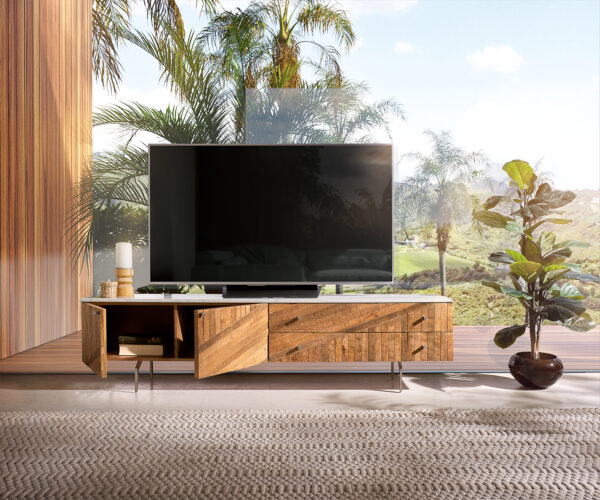 TV szekrény Bahan 175 cm mango teak 2 ajtós 2 fiókos fehér márványlapos antracit rozsdamentes acél lábbal - Image 4