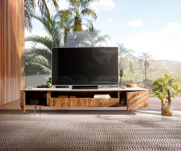 TV szekrény Bahan 220 cm mango teak 2 ajtós 2 fiókos 1 rekeszes fehér márvány asztallappal antracit fém lábbal - Image 4