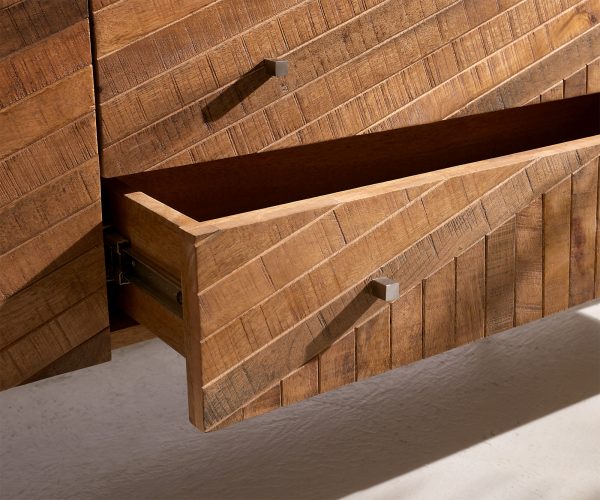 TV szekrény Bahan 220 cm mango teak 2 ajtós 2 fiókos 1 rekeszes fehér márvány asztallappal antracit fém lábbal - Image 5