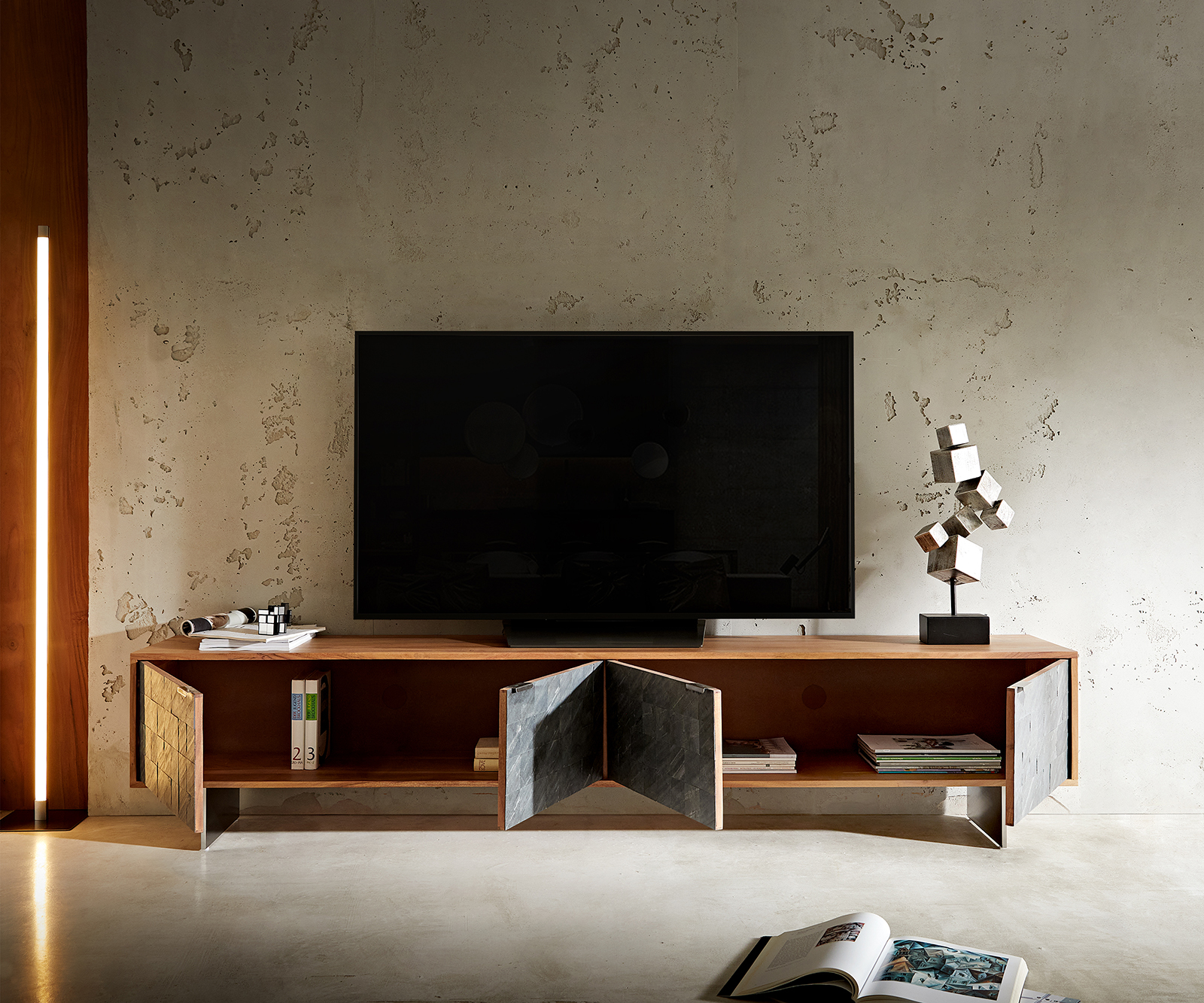 TV szekrény Teele 220 cm akác természetes pala 4 ajtós lebegő láb rozsdamentes acélból - Image 6