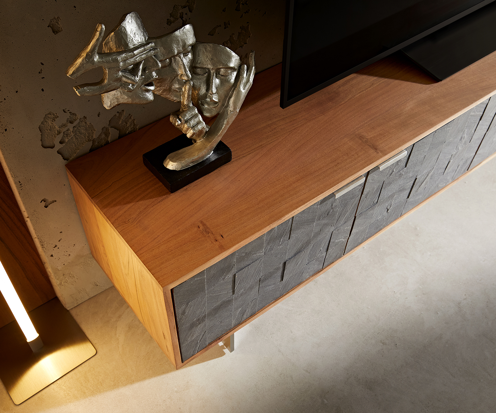 TV szekrény Teele 220 cm akác természetes pala 4 ajtós lebegő láb rozsdamentes acélból - Image 4