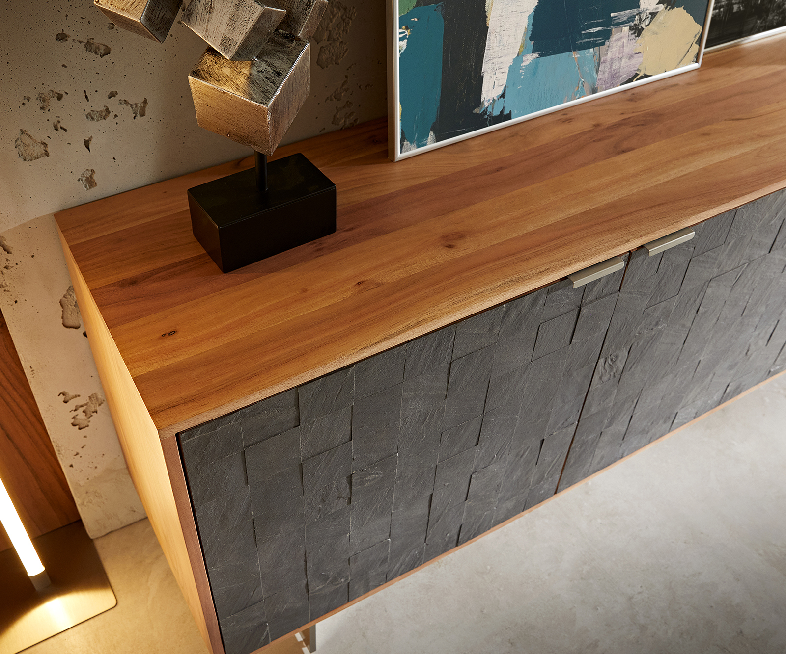 Komód Teele 175 cm akác természetes pala 2 ajtós 3 fiókos lebegő rozsdamentes acél lábbal - Image 4