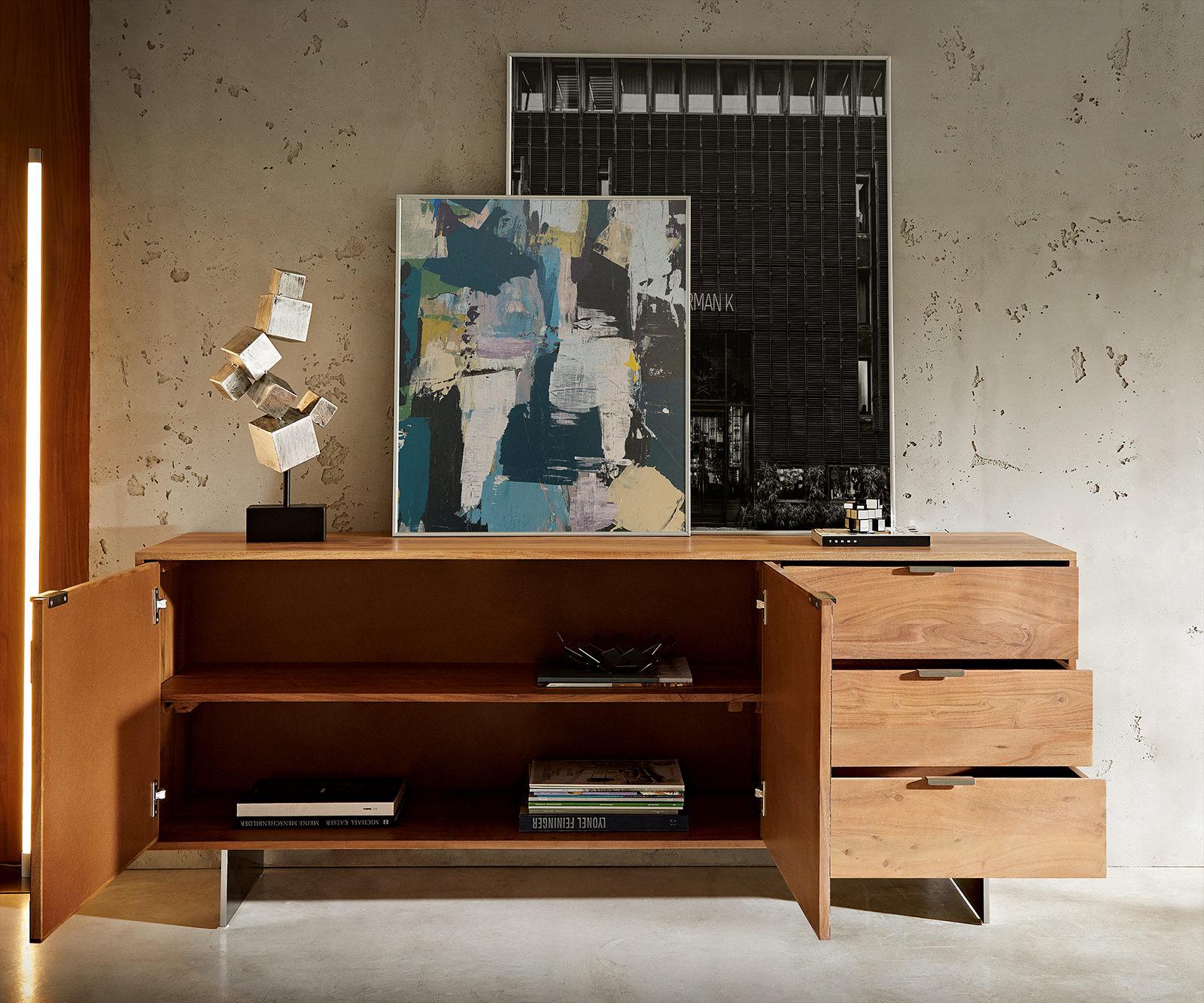 Komód Teele 175 cm akác természetes pala 2 ajtós 3 fiókos lebegő rozsdamentes acél lábbal - Image 5