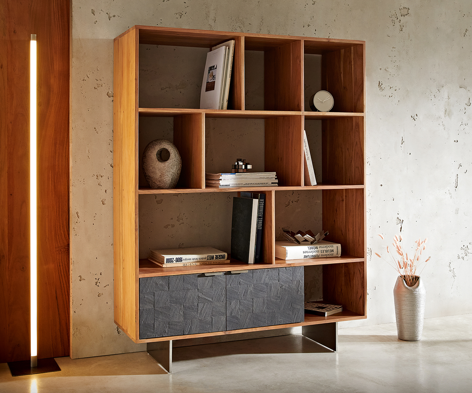 Polcok Teele 115x150 cm akác természetes pala 2 ajtós lebegő fém láb