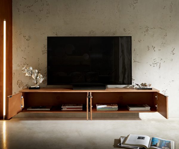 TV szekrény Teele 200 cm akác természetes pala 4 ajtós lebegő - Image 6