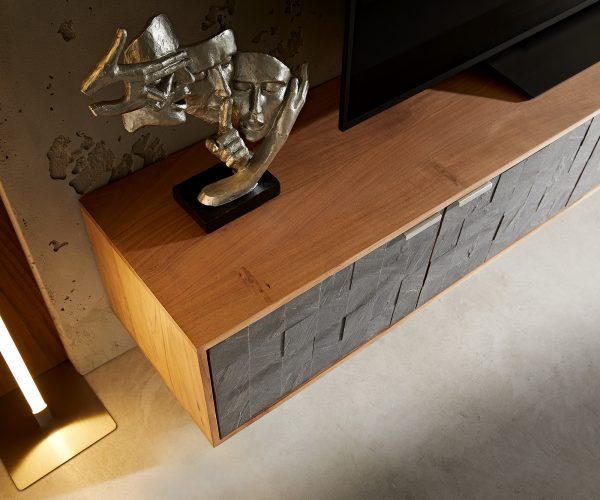 TV szekrény Teele 200 cm akác természetes pala 4 ajtós lebegő - Image 4