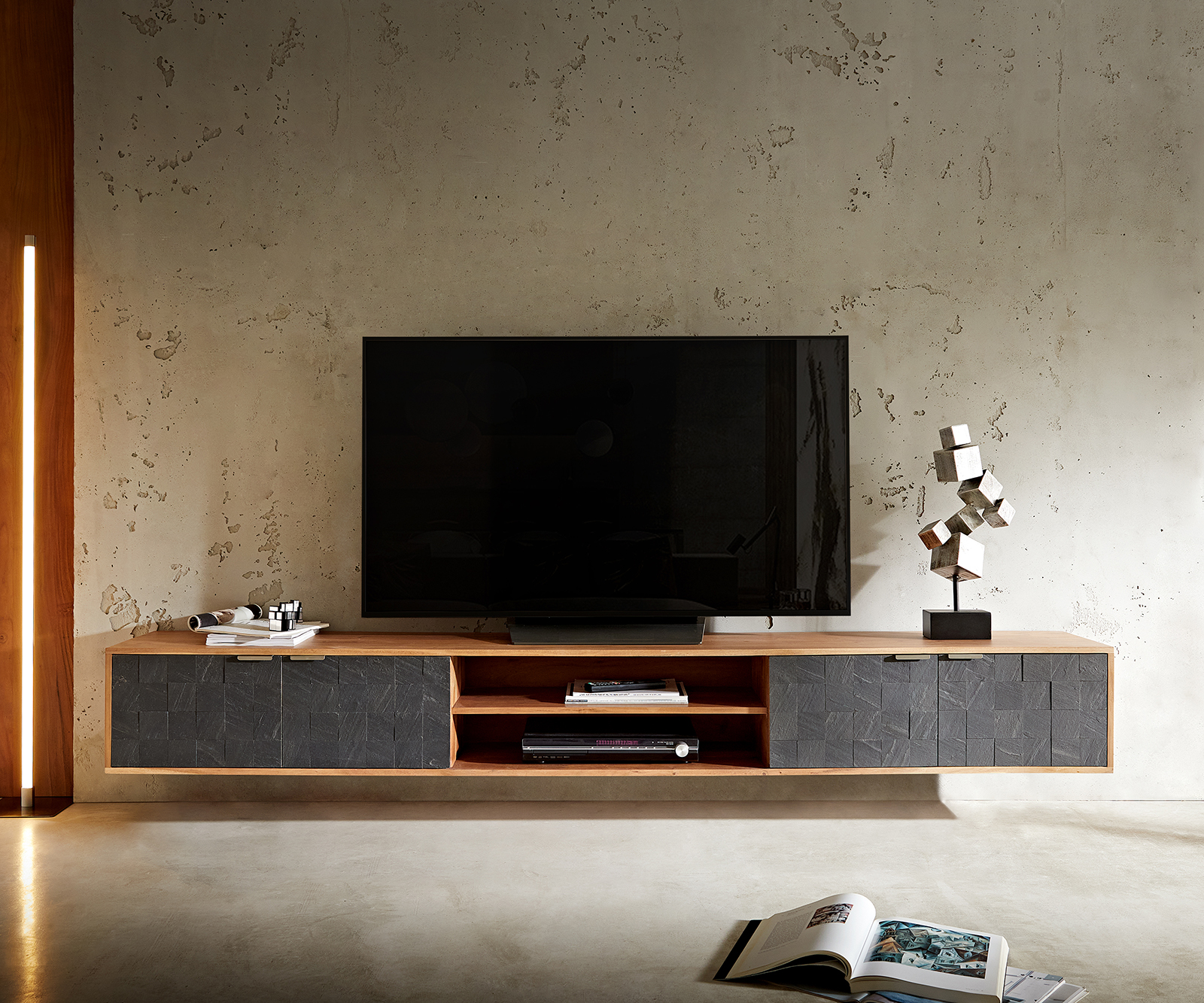 TV szekrény Teele 240 cm akác természetes pala 4 ajtós lebegő - Image 2