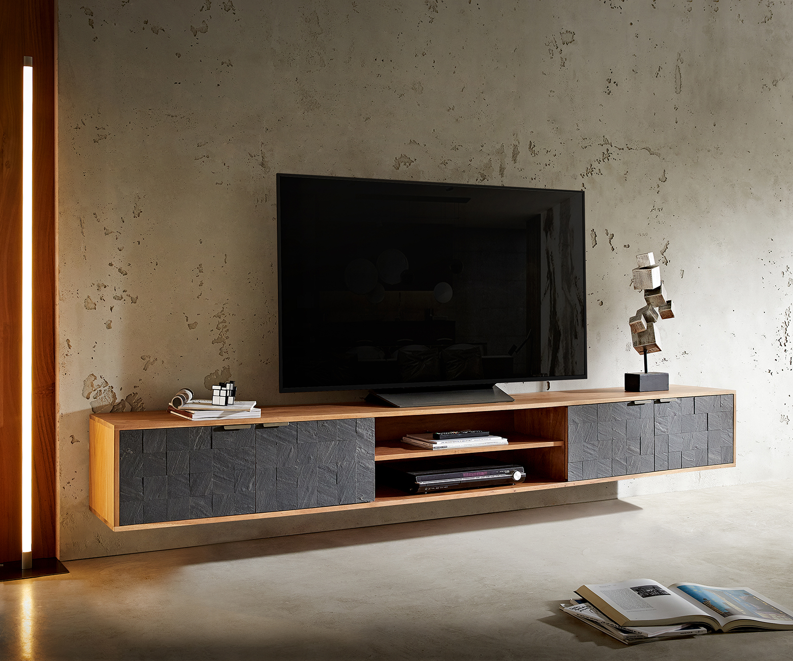 TV szekrény Teele 240 cm akác természetes pala 4 ajtós lebegő