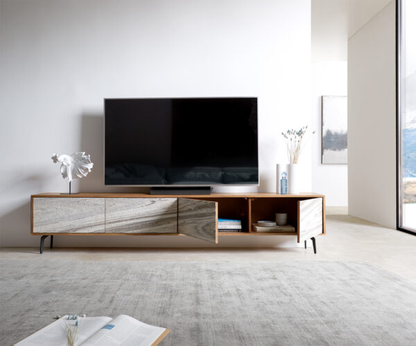 TV szekrény Kleo 220 cm akác természetes 4 ajtós "L" alakú fém láb fekete - Image 4