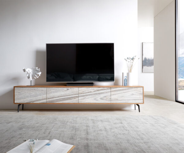 TV szekrény Kleo 220 cm akác természetes 4 ajtós "L" alakú fém láb fekete - Image 2