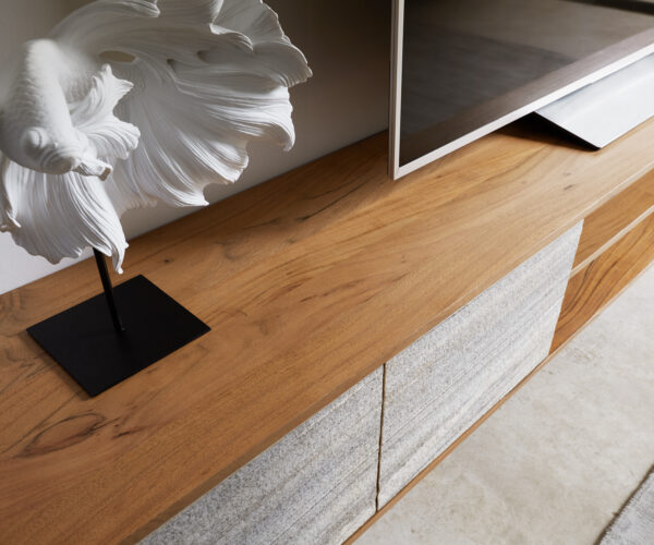TV szekrény Kleo 220 cm akác természetes 4 ajtós "L" alakú fém láb fekete - Image 6